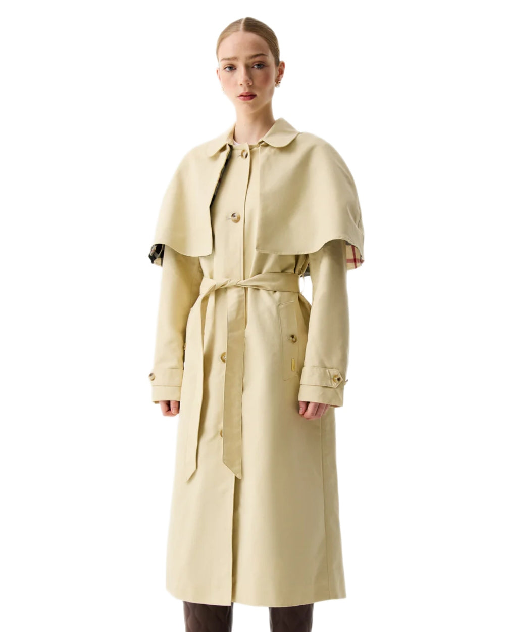 Gravel coloured Hunter Womens Keltie Cape Trench on white background