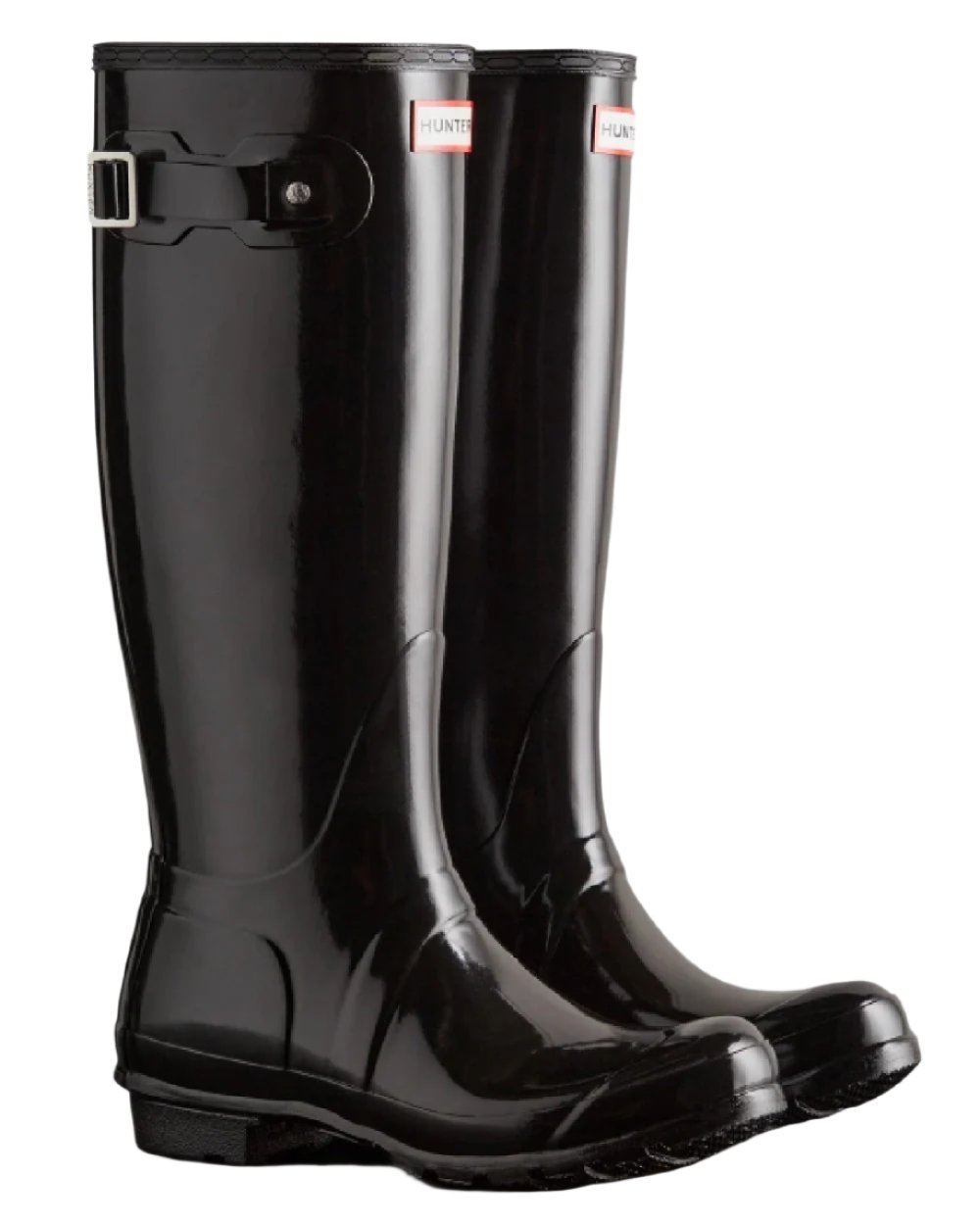Black coloured Hunter Womens Original Tall Gloss Wellington Boots on white background