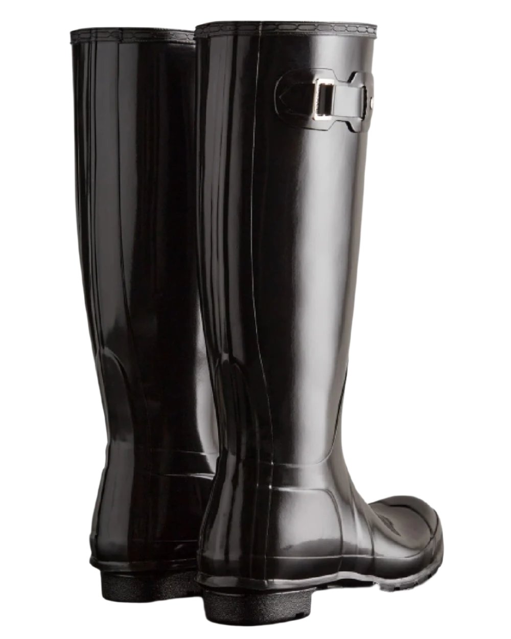 Black coloured Hunter Womens Original Tall Gloss Wellington Boots on white background