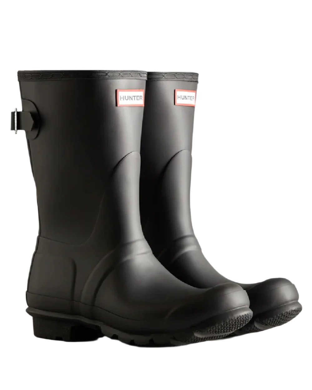 Black coloured Hunter Womens Originals Short Back Adjustable Wellington Boots on white background