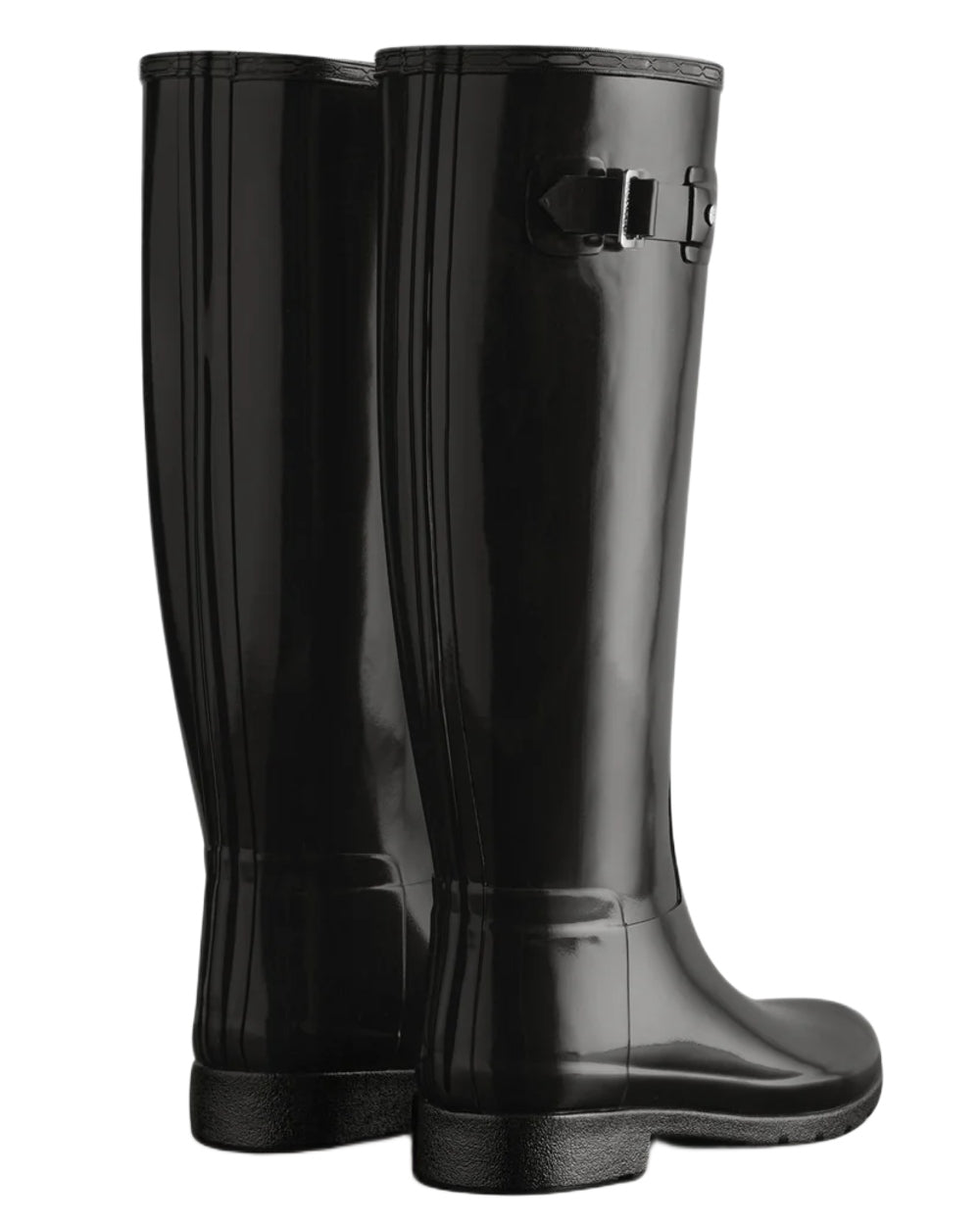 Black coloured Hunter Womens Refined Slim Fit Tall Gloss Wellingtons on white background