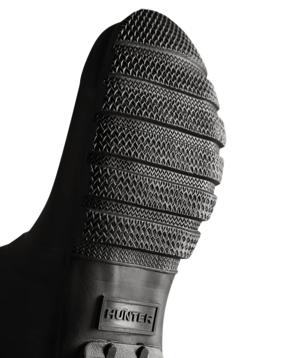 Black coloured Hunter Womens Tri-Colour Logo Backstrap Tall Wellingtons on white background