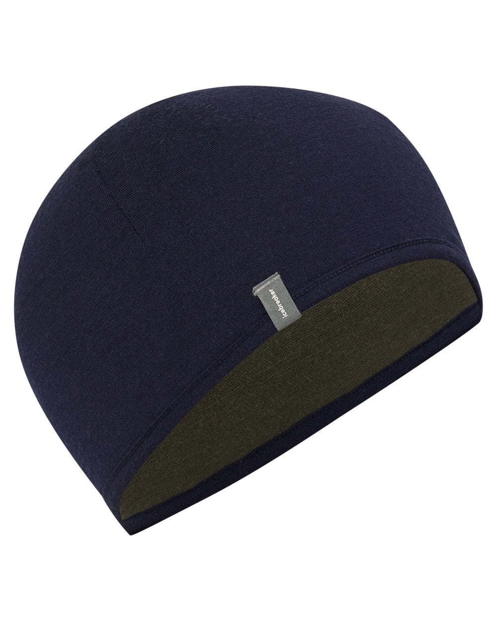 Dark loden midnight navy coloured Icebreaker 200 Oasis Reversible Beanie on white background