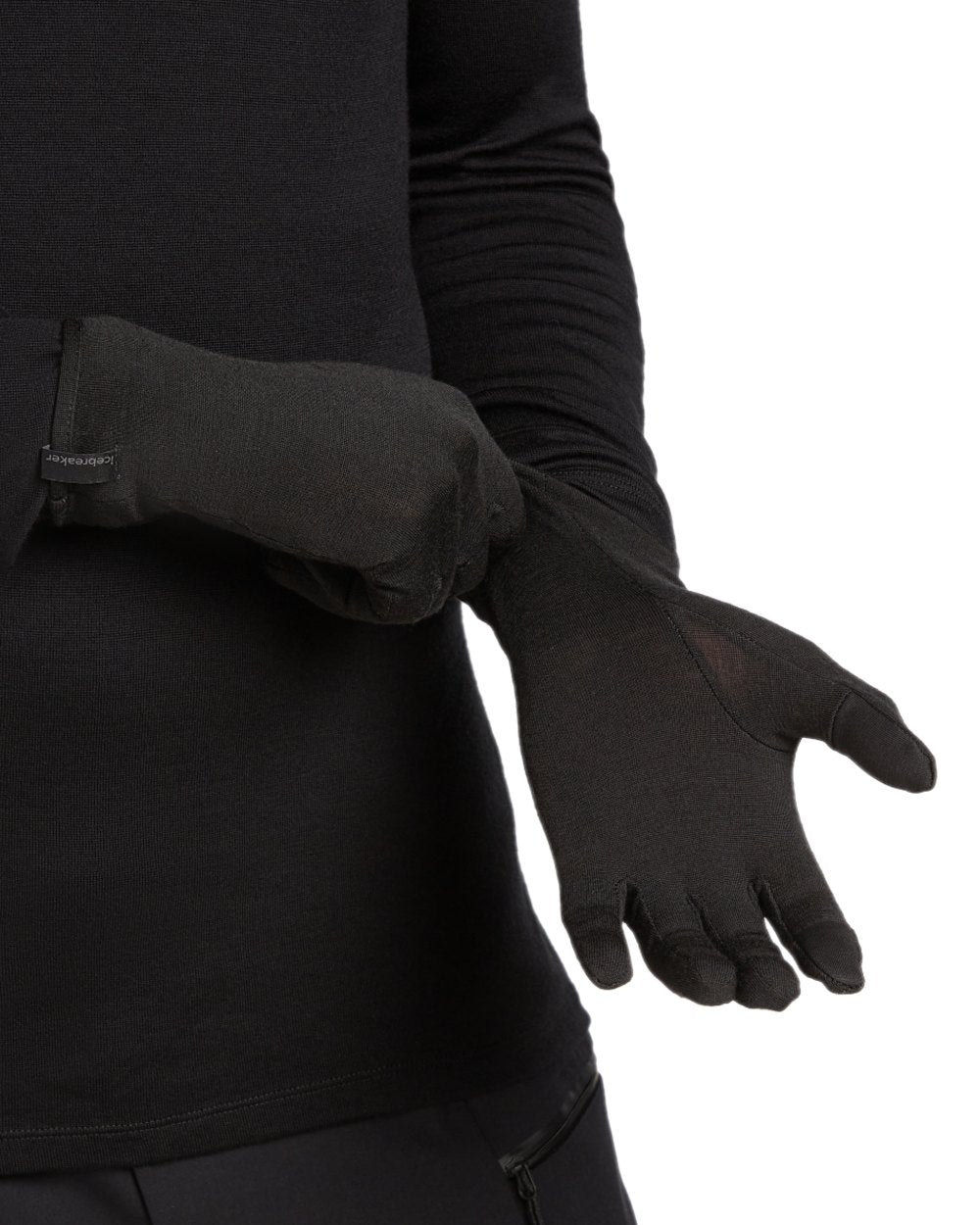 Black Coloured Icebreaker 260 Tech Glove Liners on white background