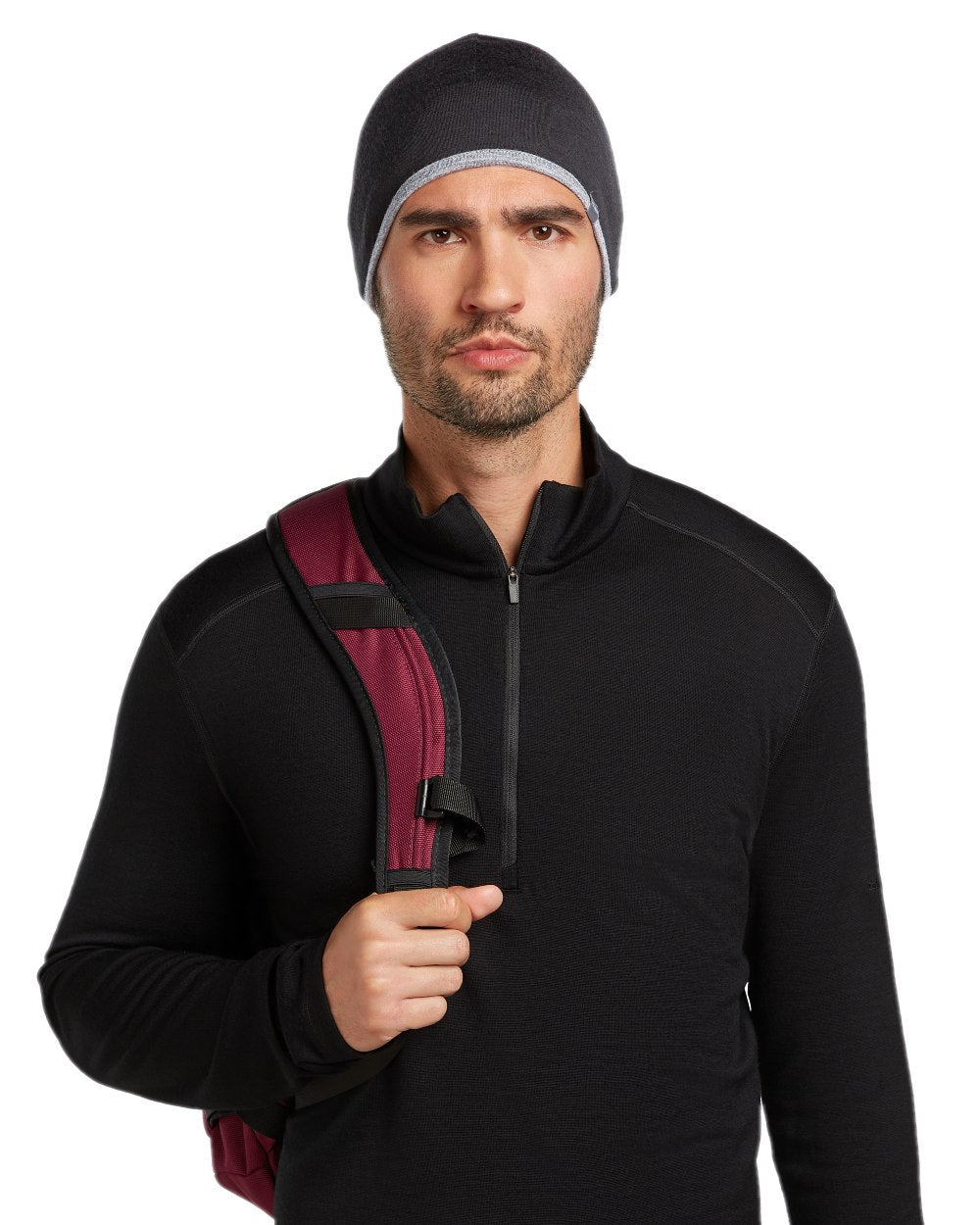 Black Gritstone Heather Coloured Icebreaker Merino 200 Pocket Hat on white background