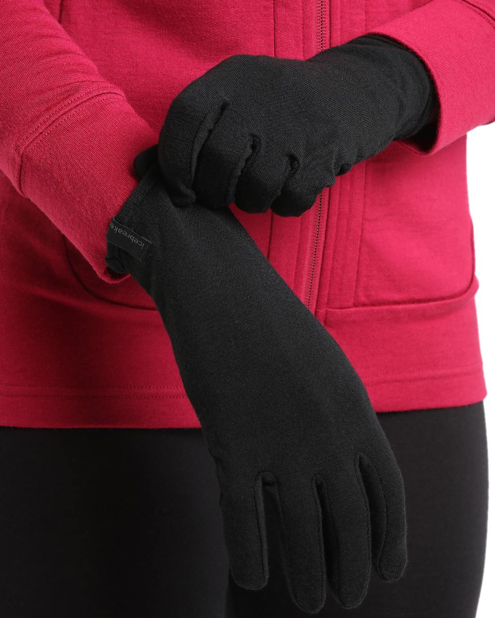 Black Coloured Icebreaker Unisex 260 Tech Gloves Liner on white background