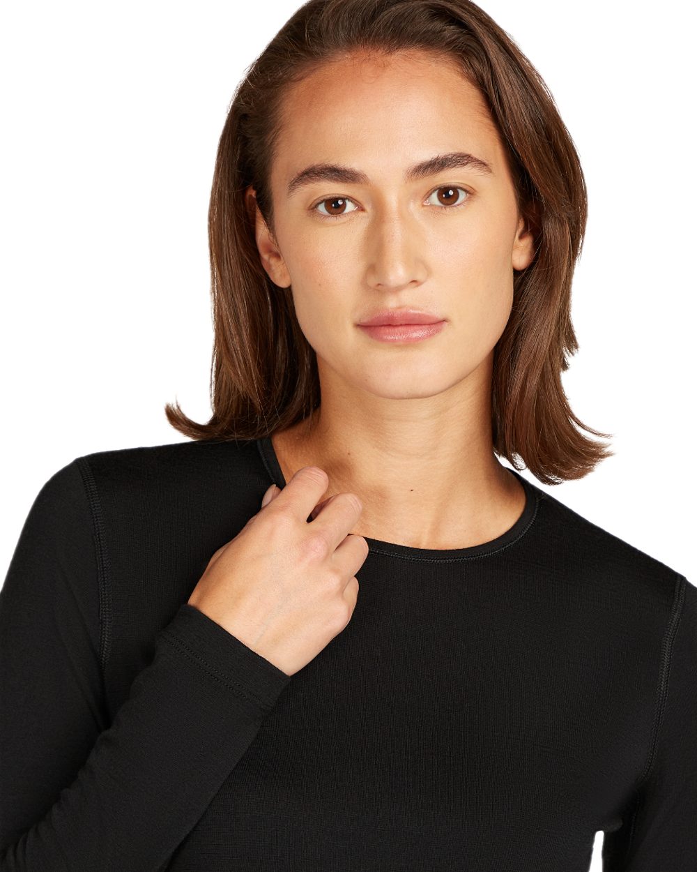 Black Coloured Icebreaker Womens Merino 200 Oasis Crewe Thermal Top on white background