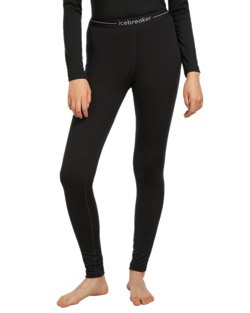 Black Coloured Icebreaker Womens Merino 200 Oasis Thermal Leggings on white background