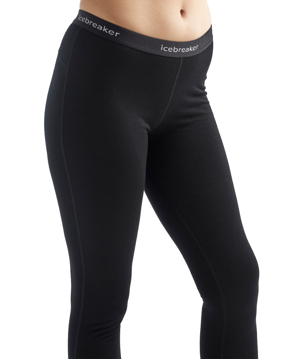 Black Coloured Icebreaker Womens Merino 200 Oasis Thermal Leggings on white background