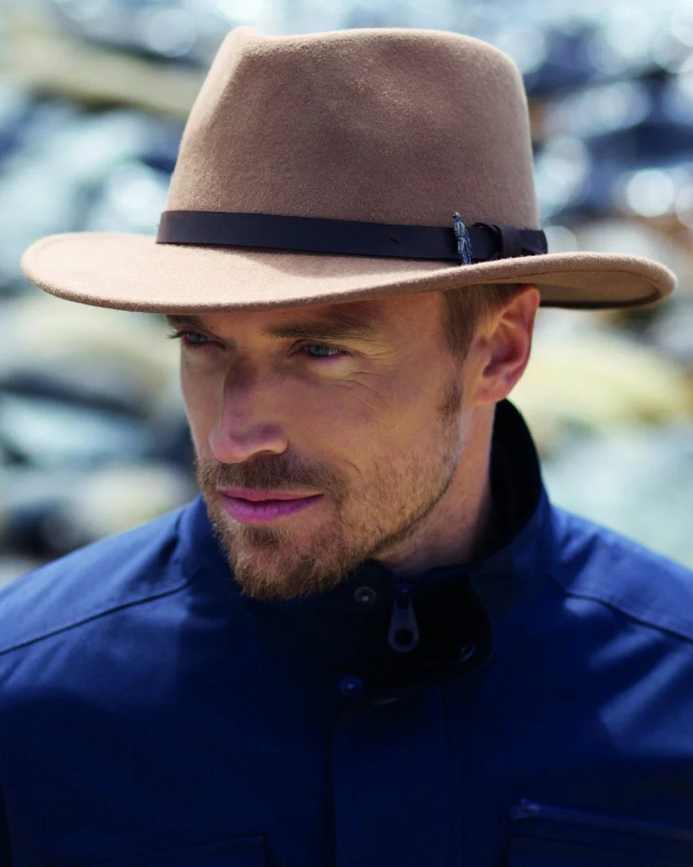 Tan coloured Jack Murphy Boston Crushable Felt Hat on blurry background