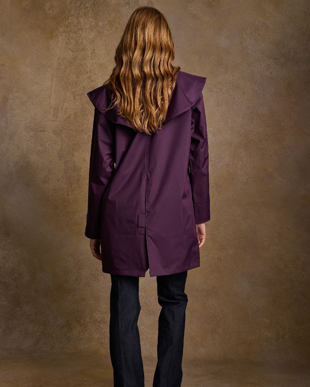 Blackberry Coloured Jack Murphy Cotswold Ladies Waterproof 3/4 Coat on indoor background