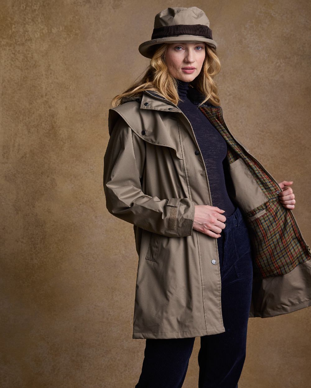 Chinchilla Coloured Jack Murphy Cotswold Ladies Waterproof 3/4 Coat on indoor background