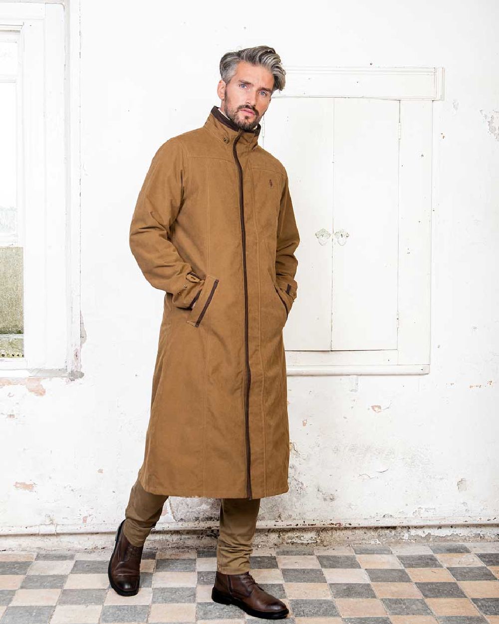 Camel Jack Murphy Emmet Waterproof Long Coat on wall background