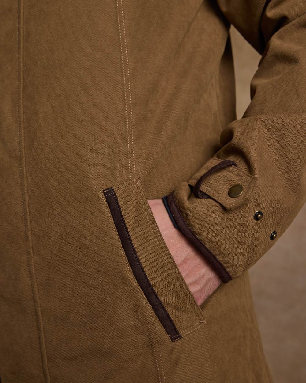 Camel Coloured Jack Murphy Emmet Waterproof Long Coat on indoor background