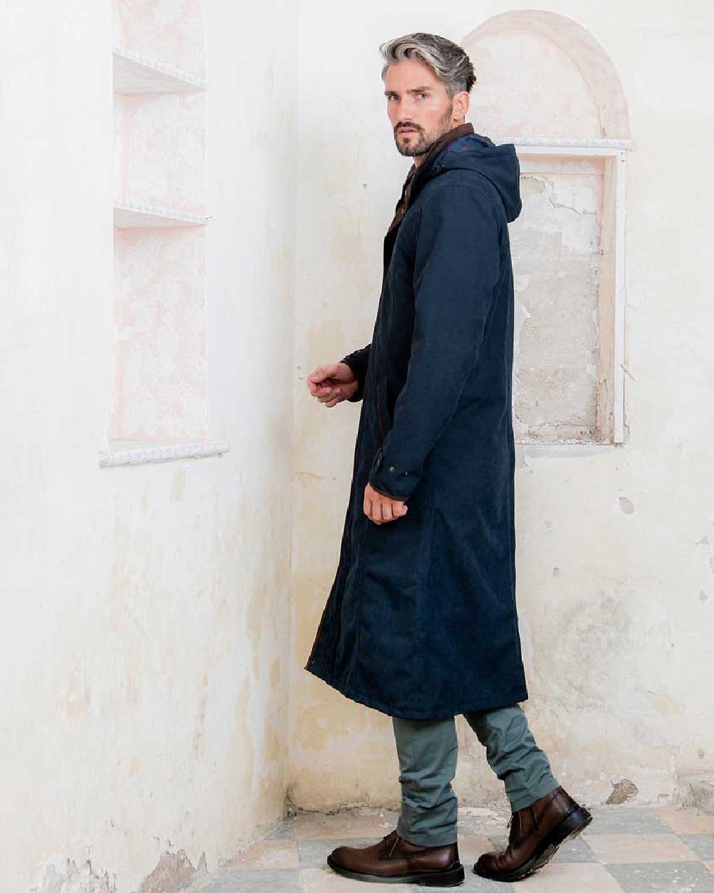 Navy Jack Murphy Emmet Waterproof Long Coat on wall background