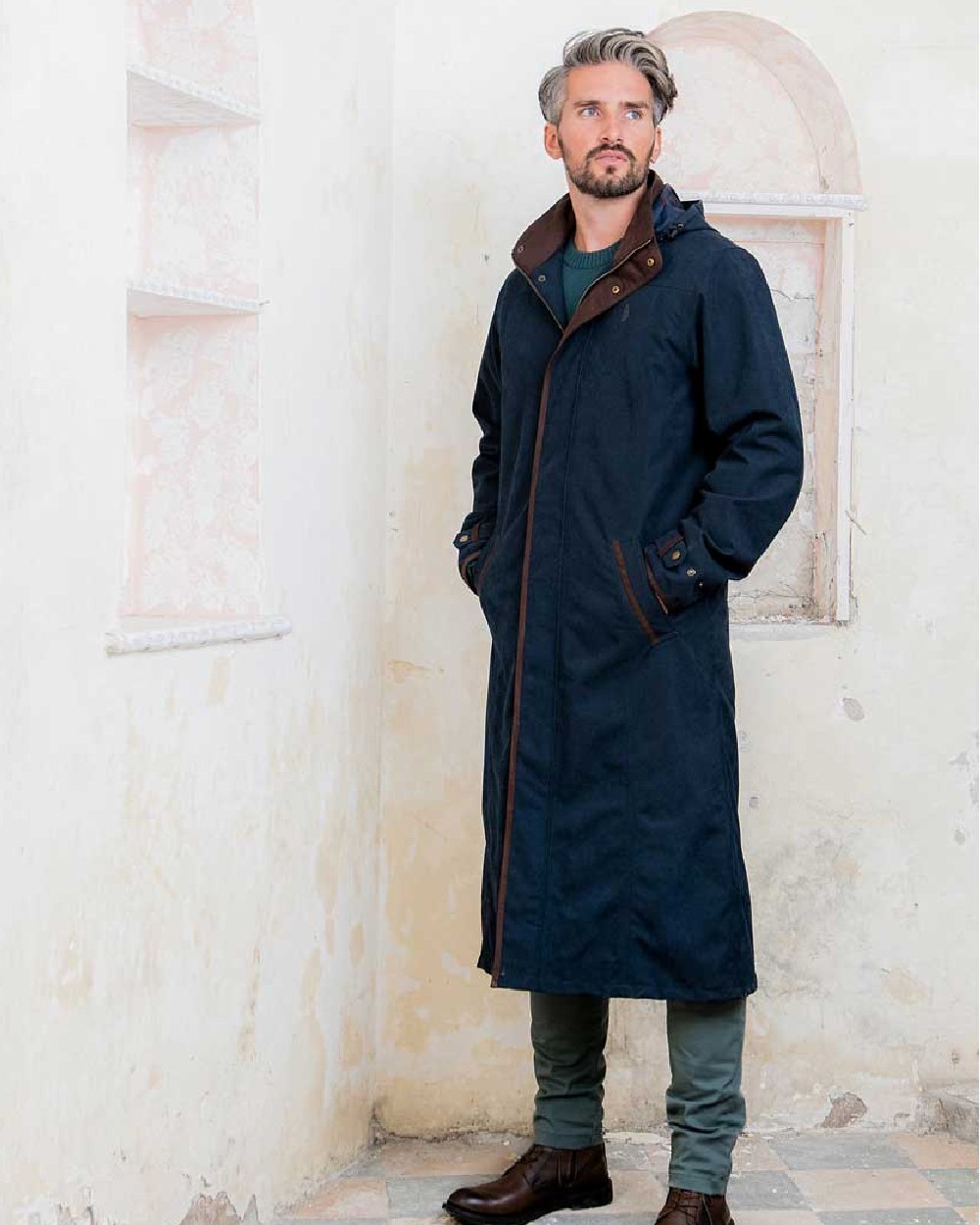 Navy Jack Murphy Emmet Waterproof Long Coat on wall background