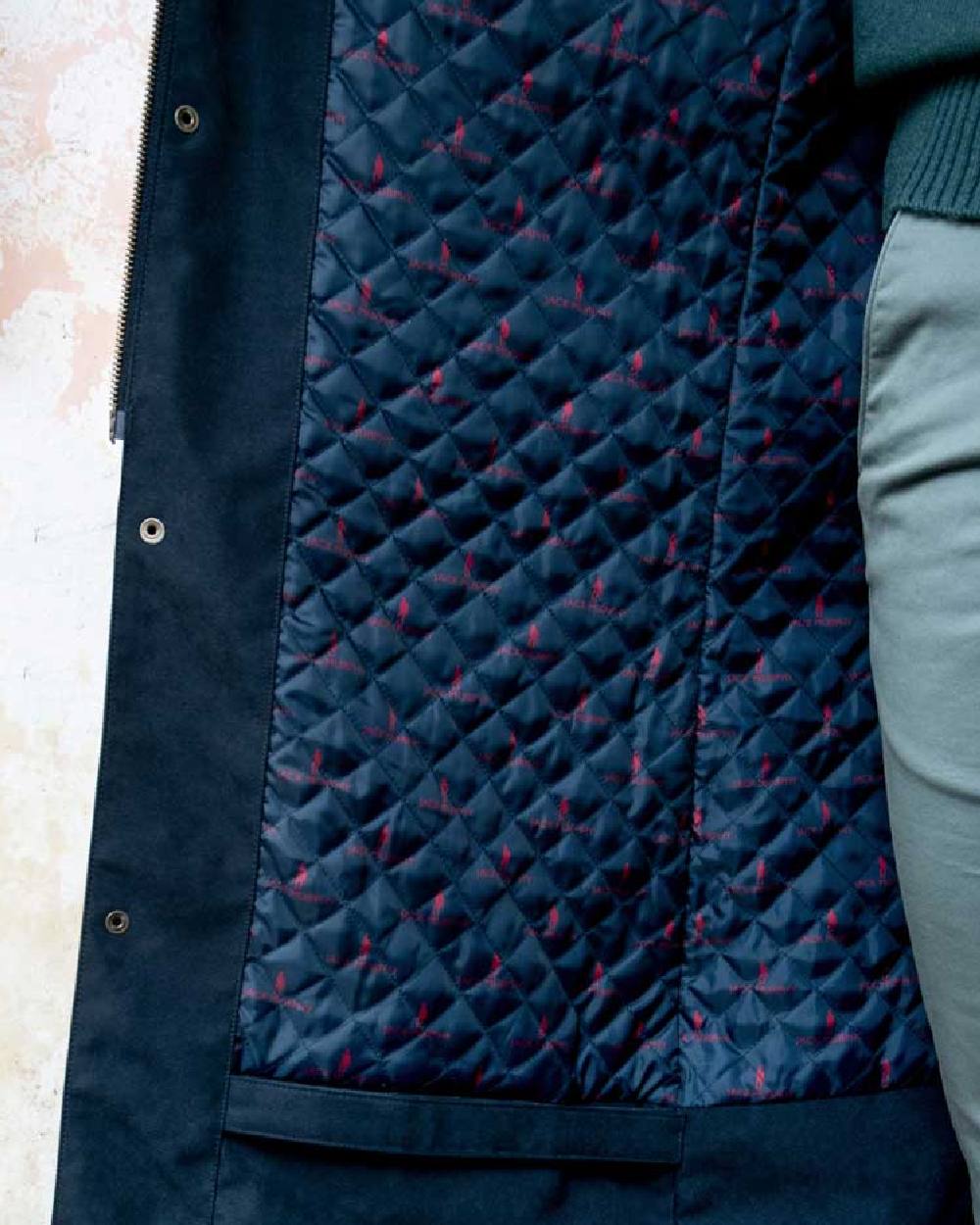 Navy Jack Murphy Emmet Waterproof Long Coat on wall background