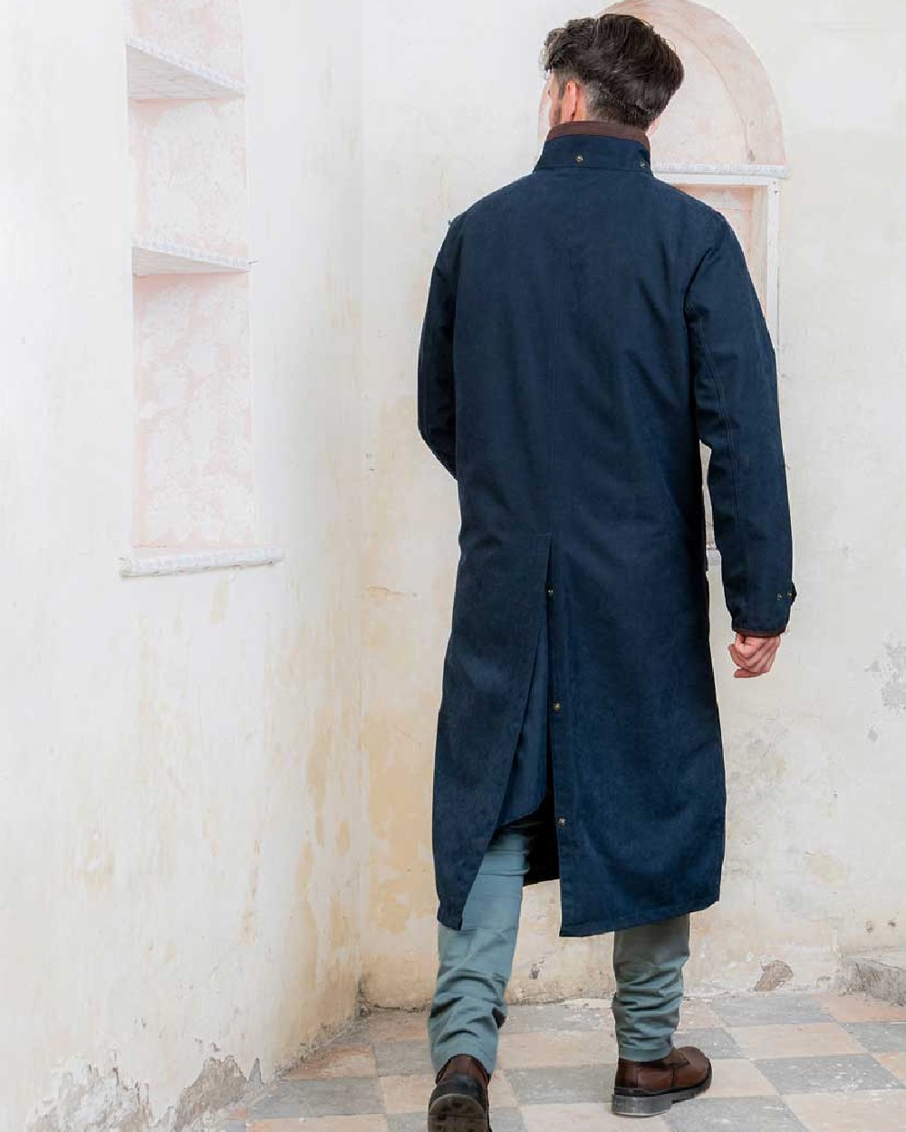 Navy Jack Murphy Emmet Waterproof Long Coat on wall background