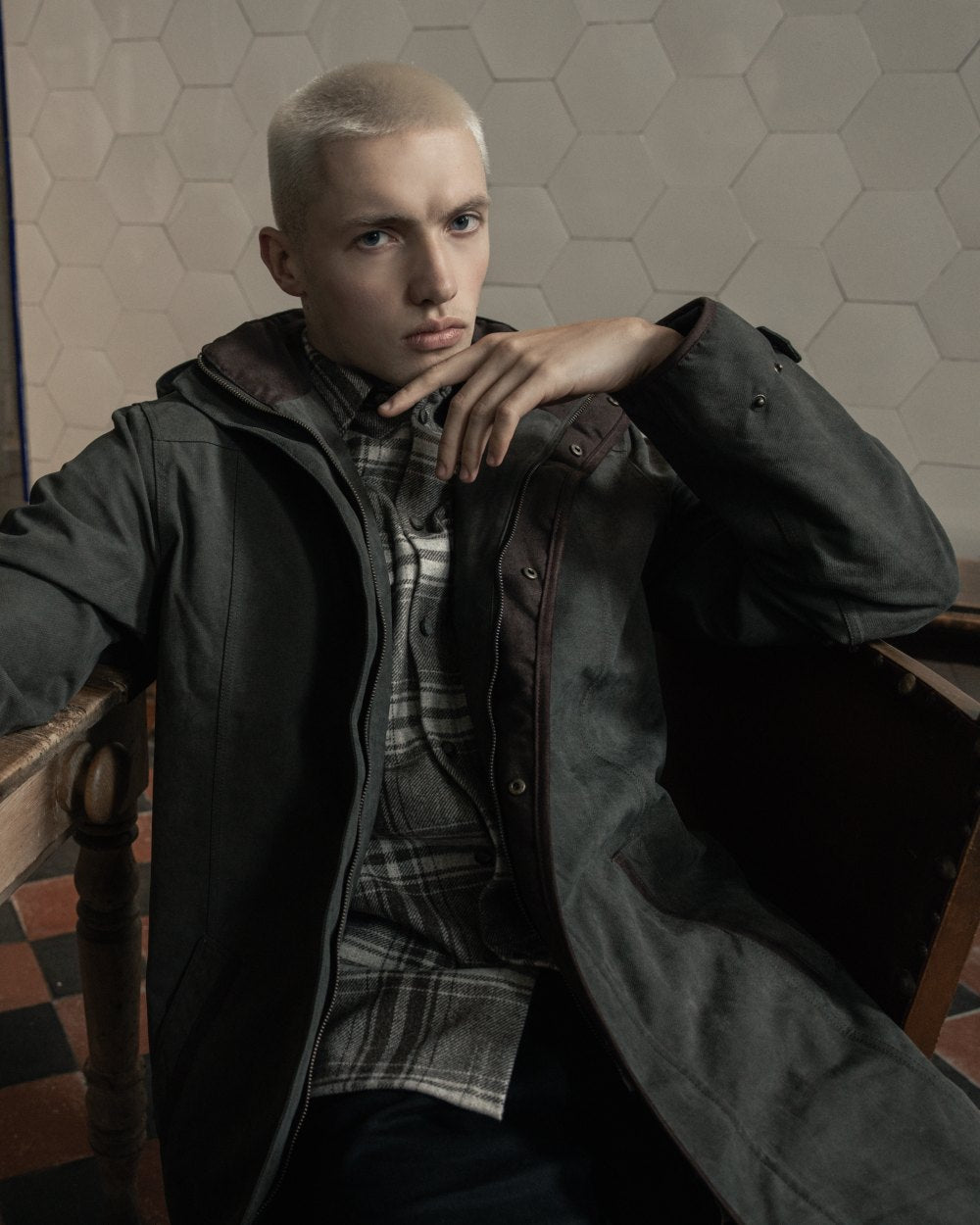 Olive Coloured Jack Murphy Emmet Waterproof Long Coat on outdoor background