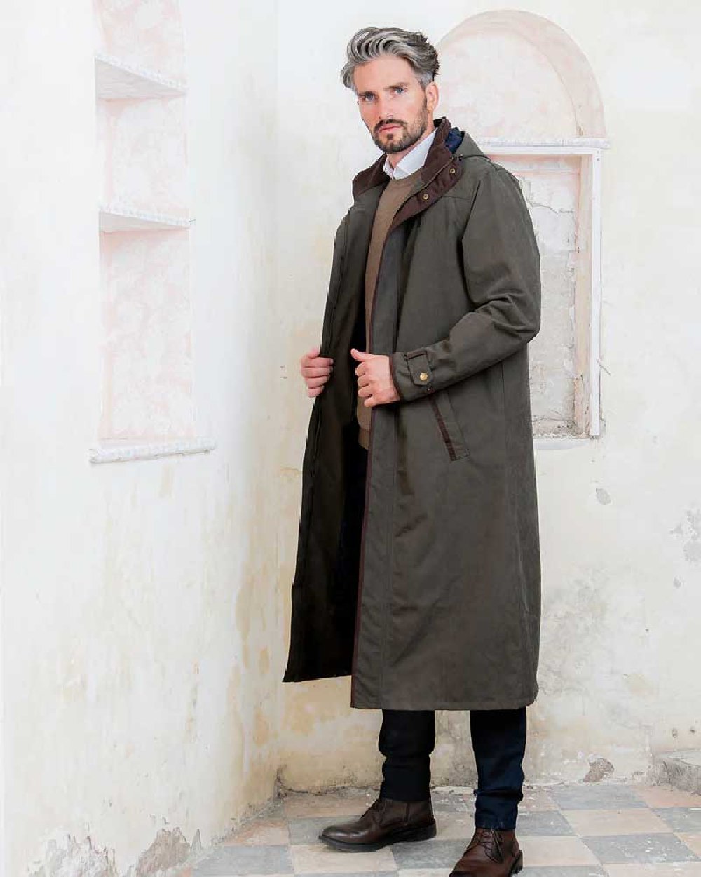 Olive Jack Murphy Emmet Waterproof Long Coat on wall background