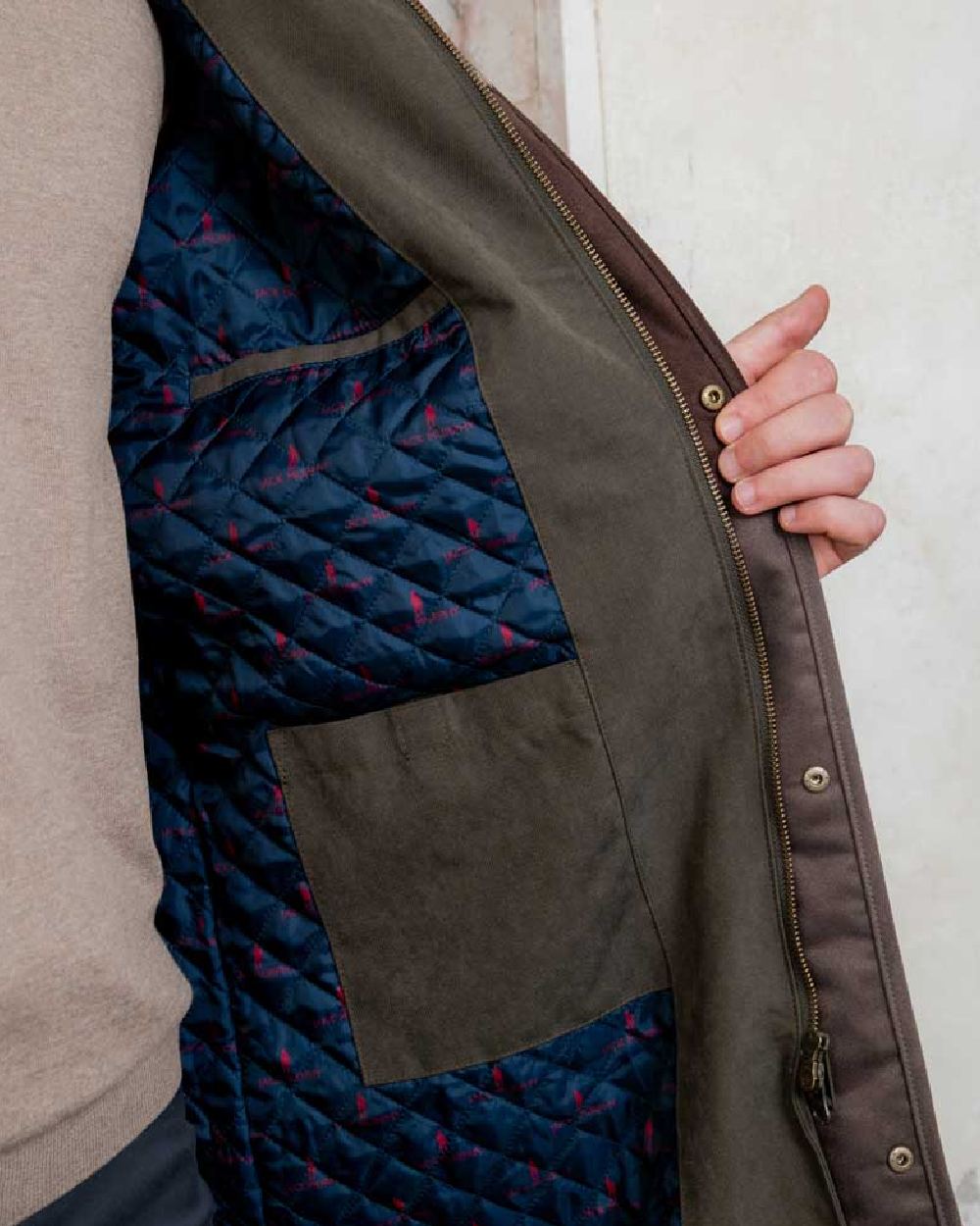 Olive Jack Murphy Emmet Waterproof Long Coat on wall background