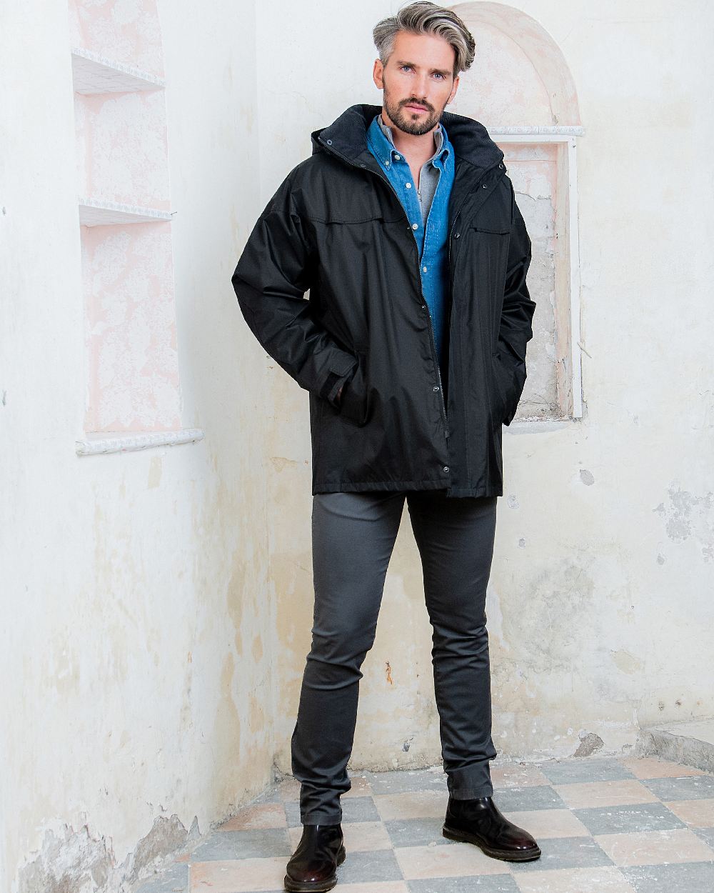 Black Coloured Jack Murphy Kingston Waterproof Jacket on studio background