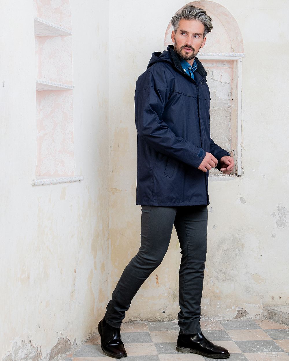 Navy Coloured Jack Murphy Kingston Waterproof Jacket on studio background