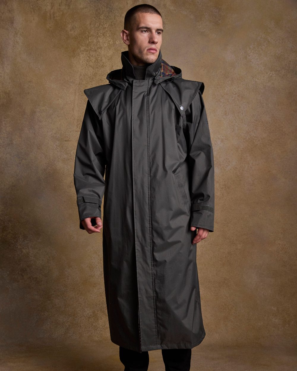 Olive Coloured Jack Murphy Lambourne Mens Long Bush Coat on indoor background