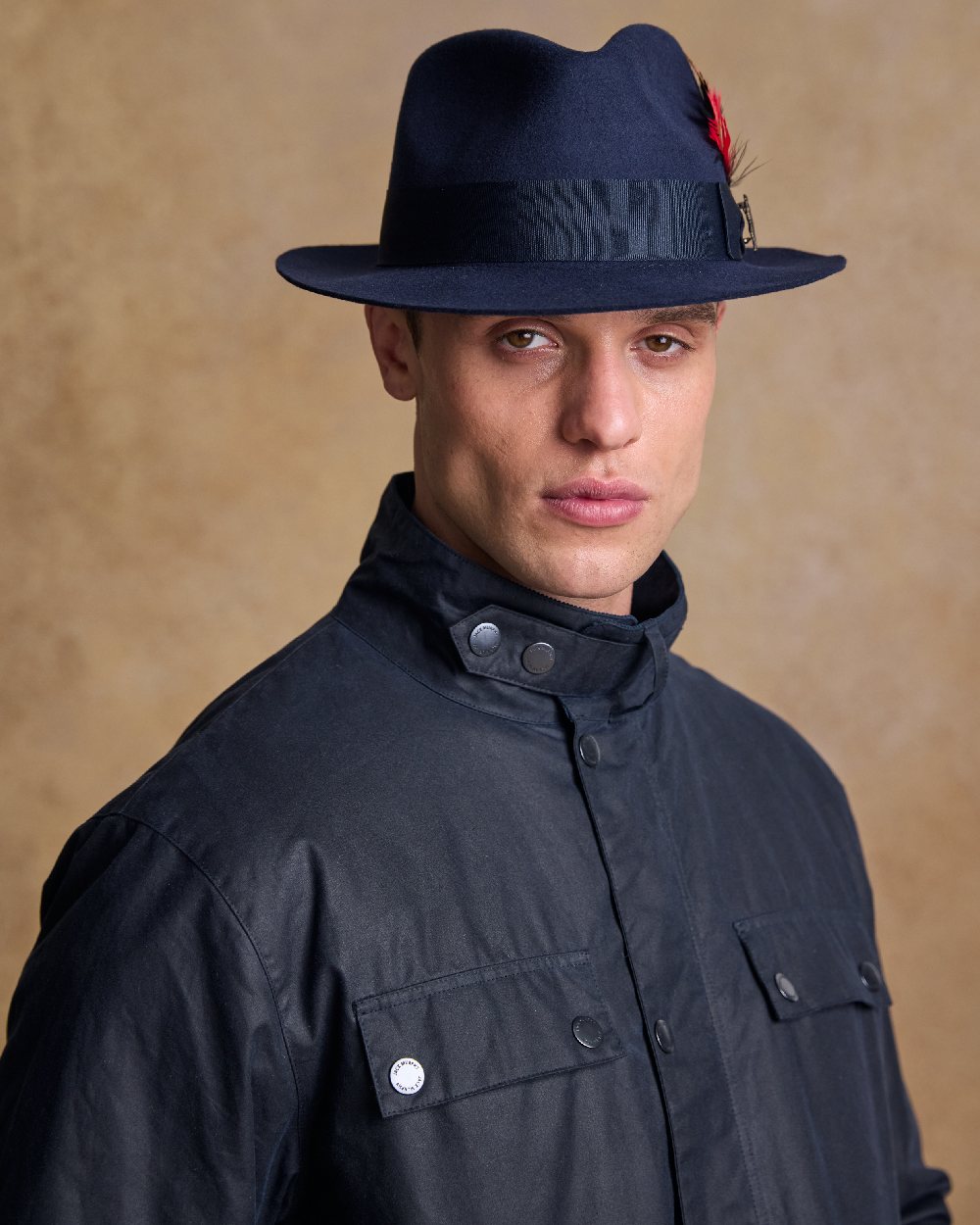 Navy Coloured Jack Murphy Mens Kildare Trilby Felt Hat on indoor background