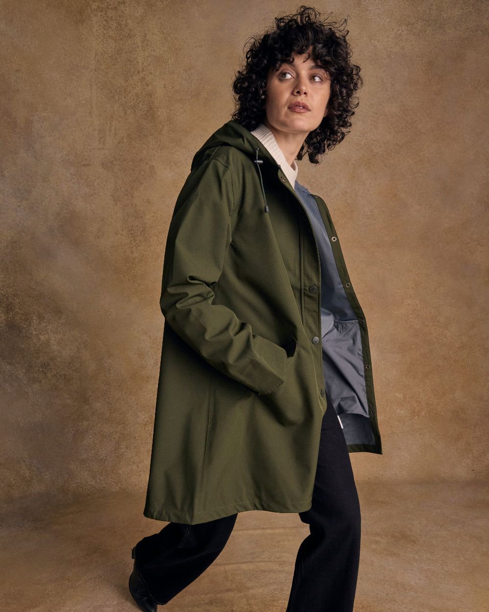 Olive Coloured Jack Murphy Womens Fiadh Waterproof Jacket on indoor background