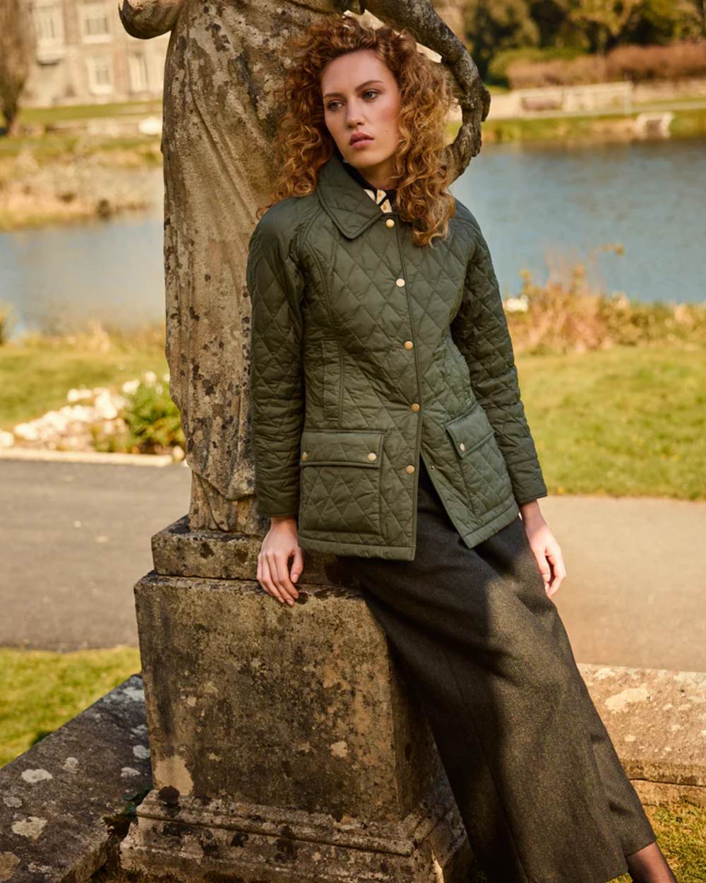 Olive coloured Jack Murphy Womens Molly Quilted Jacket on outdoor background