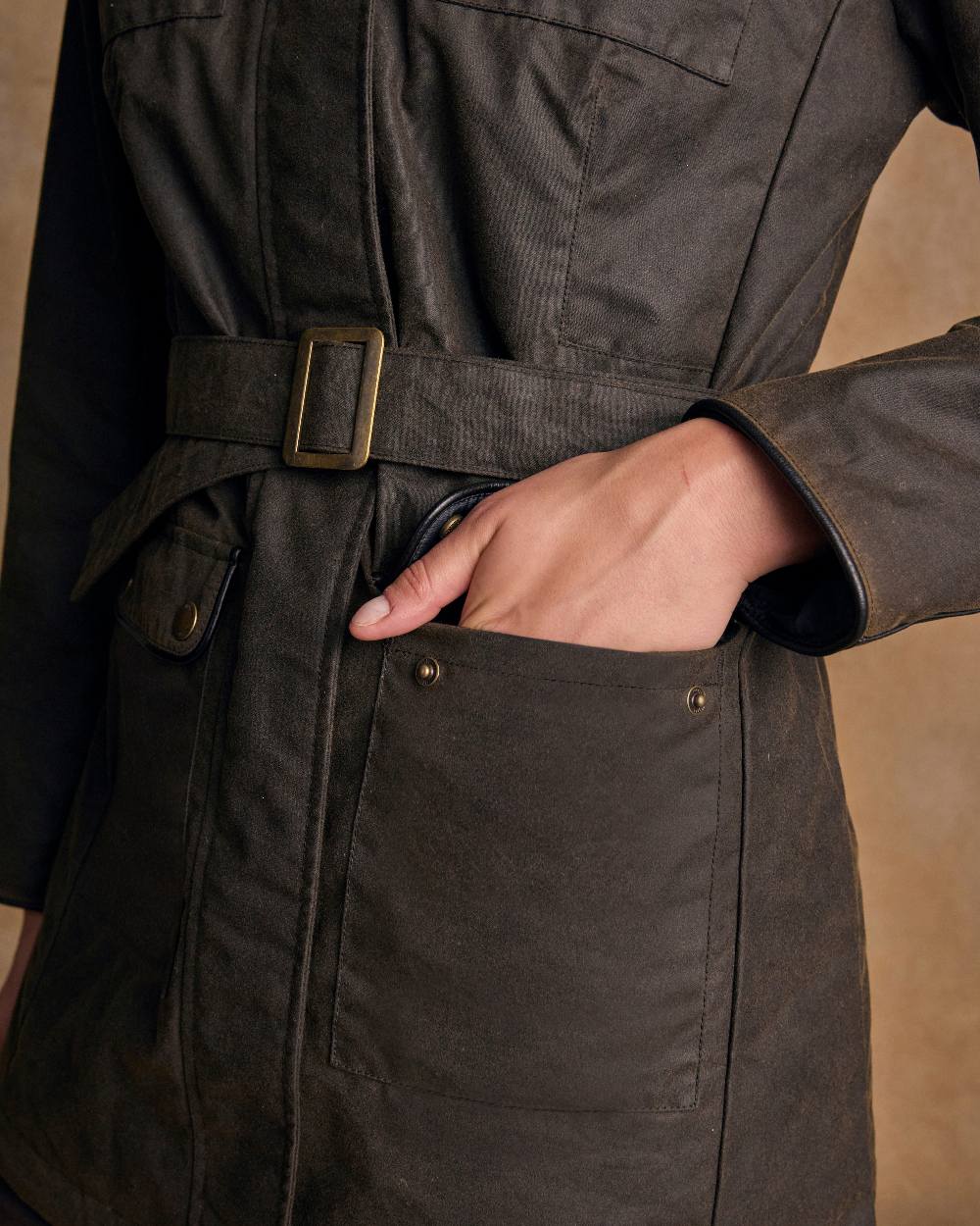 Olive Coloured Jack Murphy Womens Orla Wax Jacket on indoor background