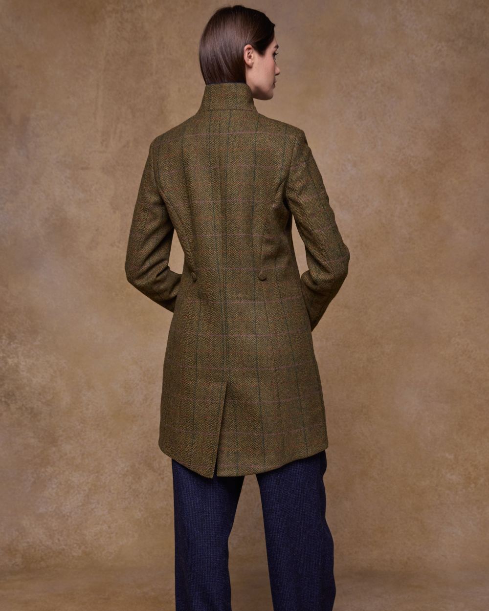 Woodland Check coloured Jack Murphy Womens Robin Tweed Coat on textured background