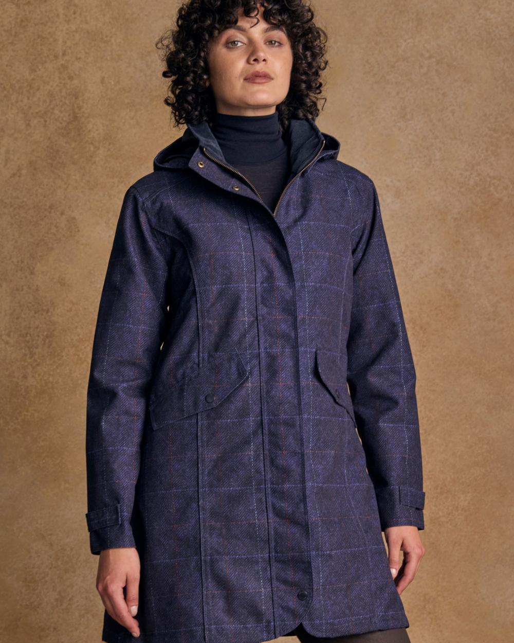 Navy Windowpane Digital Print coloured Jack Murphy Womens Sophia Waterproof Jacket on textured background