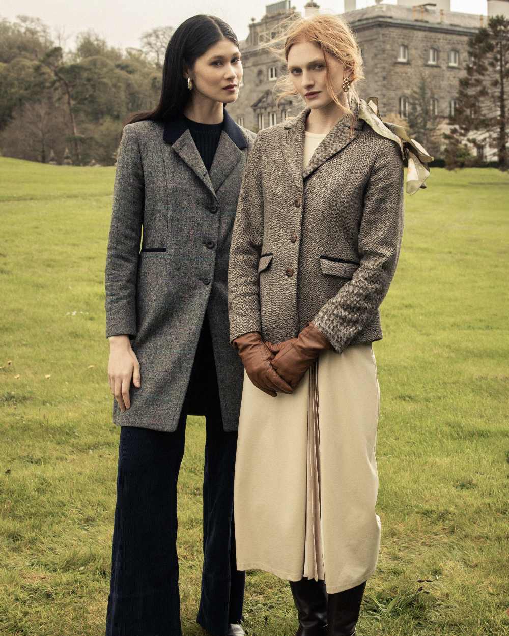 Light Tan Herringbone coloured Jack Murphy Womens Tara Tweed Hacking Jacket on outdoor background