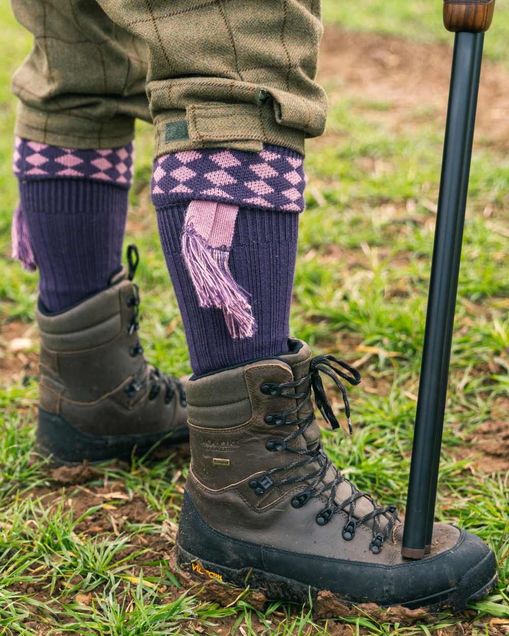 Purple Coloured Jack Pyke Harlequin Socks on outdoor background