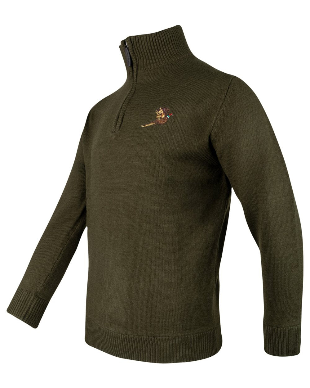 Olive Coloured Jack Pyke Mens Pheasant Zip Neck Pullover on white background