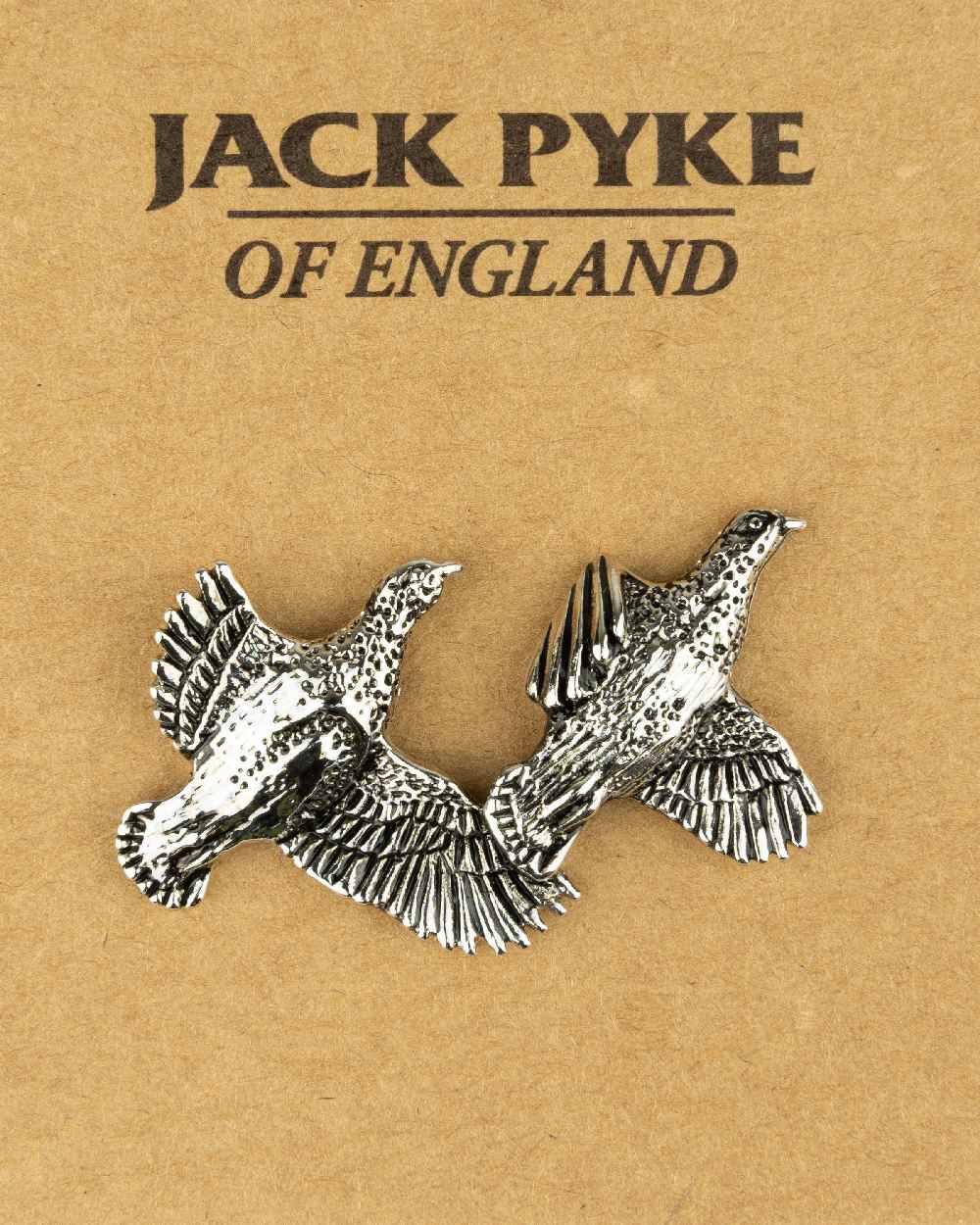 Brace Of Partridge styled Jack Pyke Pin Badge on white background