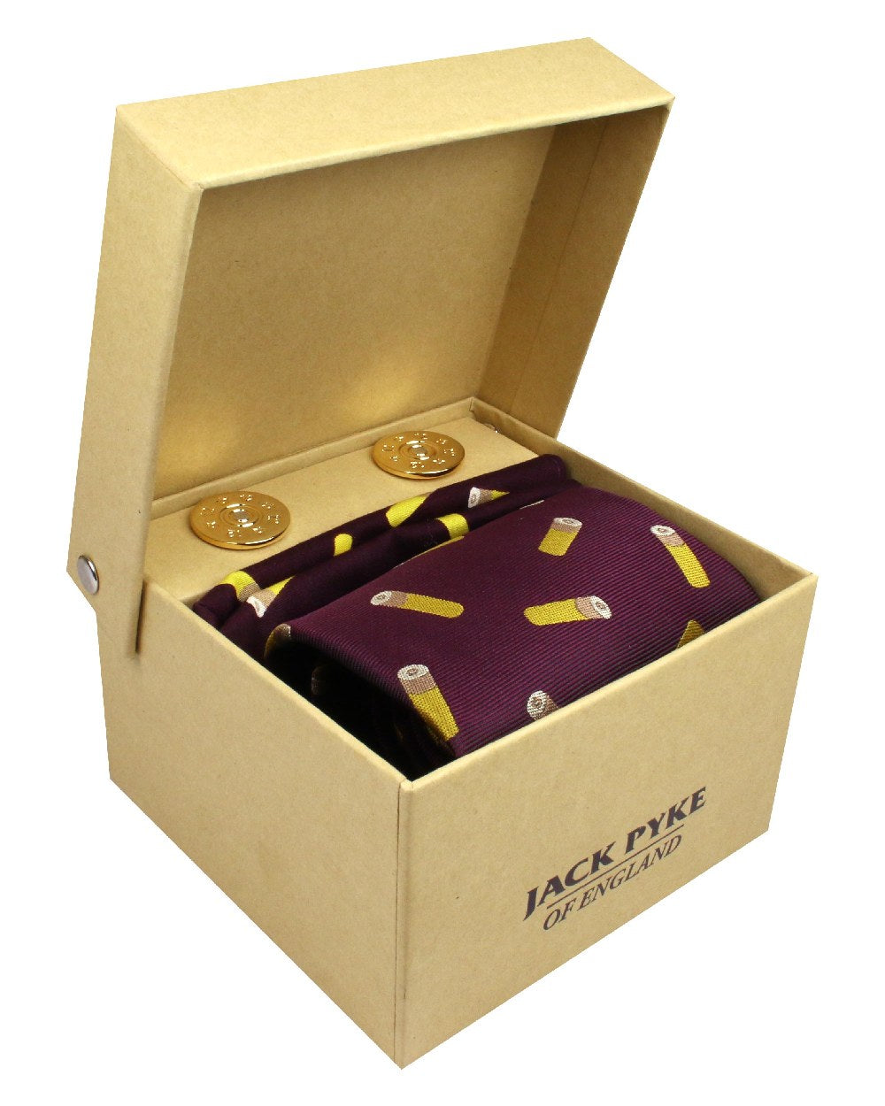 Wine coloured Jack Pyke Tie, Hanky and Cufflinks Gift Set Cartridge on white background