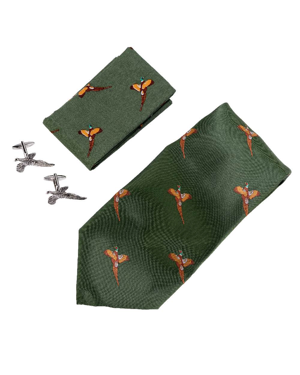 Green coloured Jack Pyke Tie, Hanky and Cufflinks Gift Set Pheasant on white background