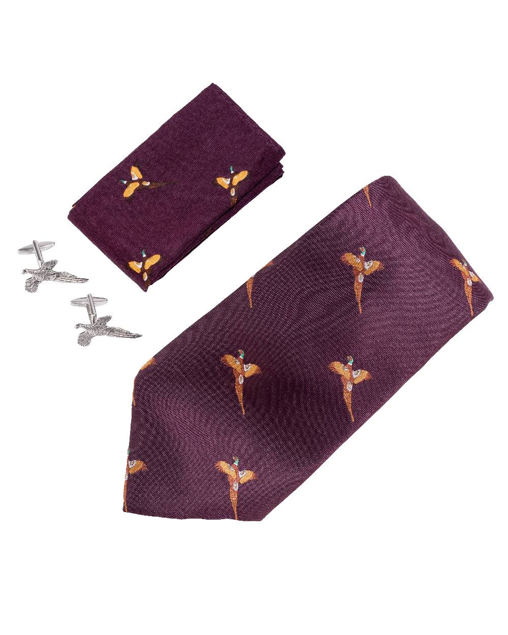 Wine coloured Jack Pyke Tie, Hanky and Cufflinks Gift Set Pheasant on white background