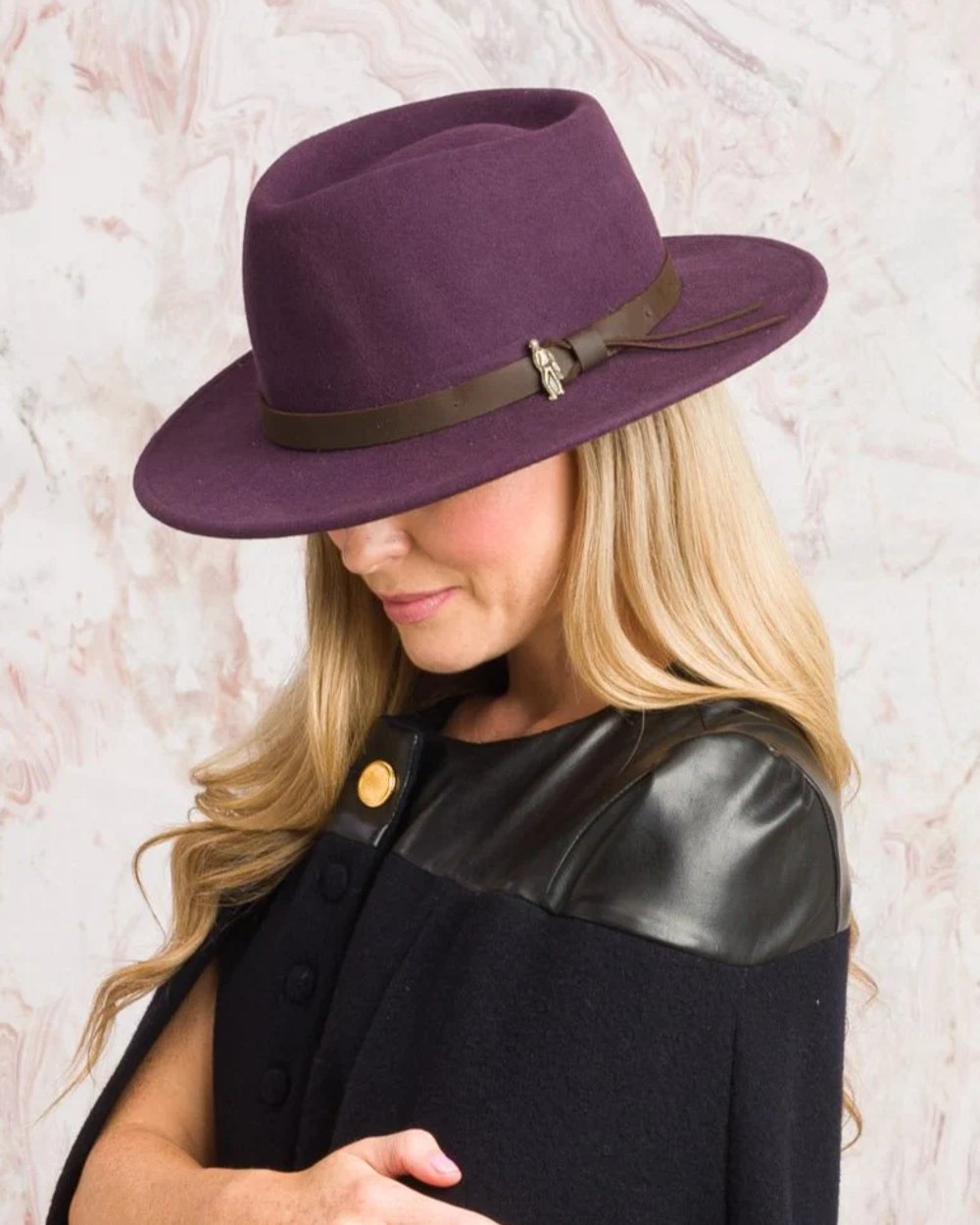 Plum coloured Jack Murphy Boston Crushable Felt Hat on wall background
