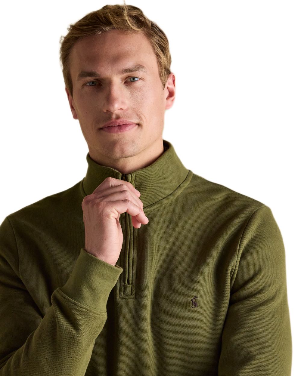Green Coloured Joules Alistair Quarter Zip Cotton Sweatshirt On A White Background