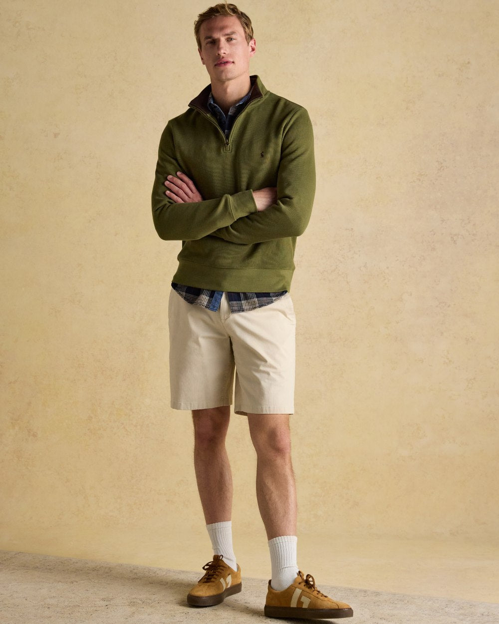 Green Coloured Joules Alistair Quarter Zip Cotton Sweatshirt On A Wall Background