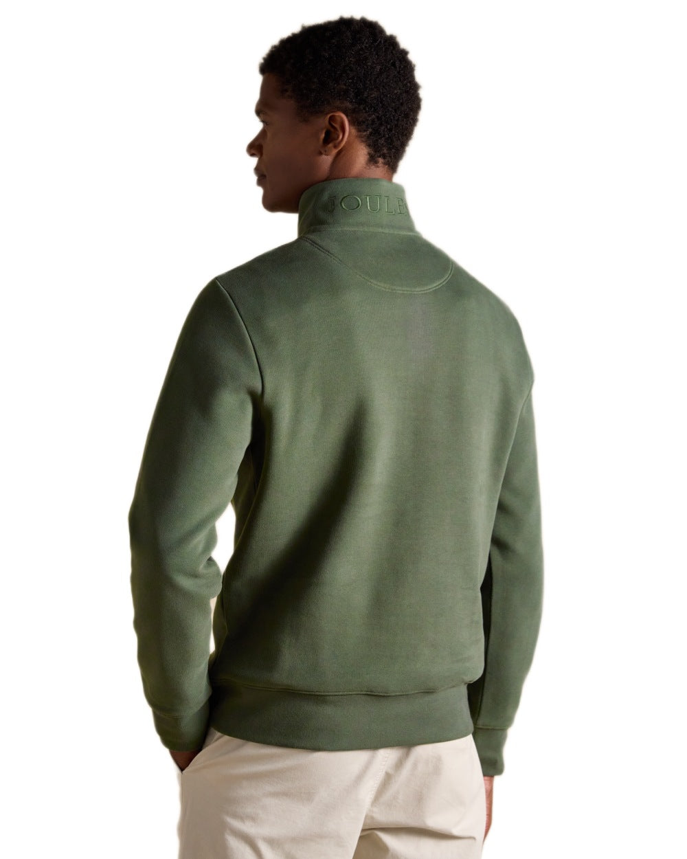 Khaki Green coloured Joules Alistair Quarter Zip Cotton Sweatshirt on white background