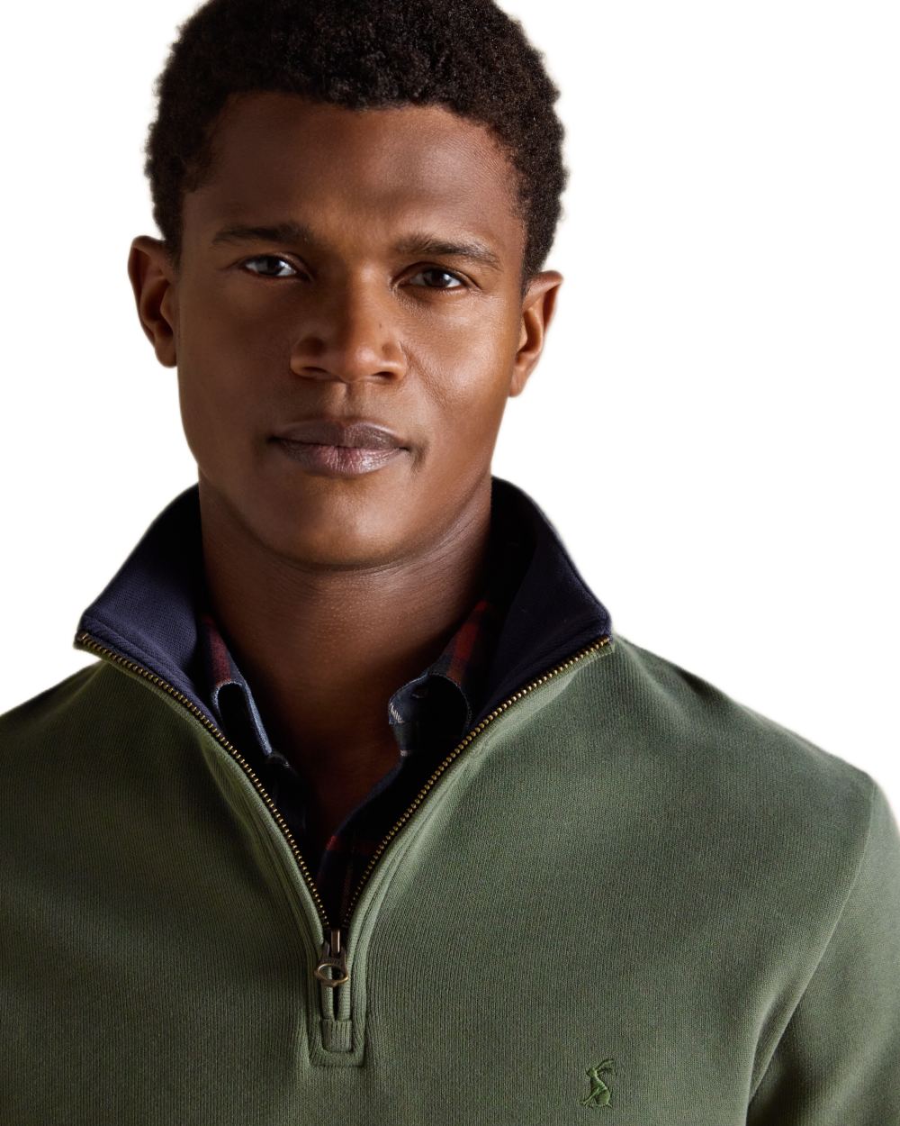Khaki Green coloured Joules Alistair Quarter Zip Cotton Sweatshirt on white background