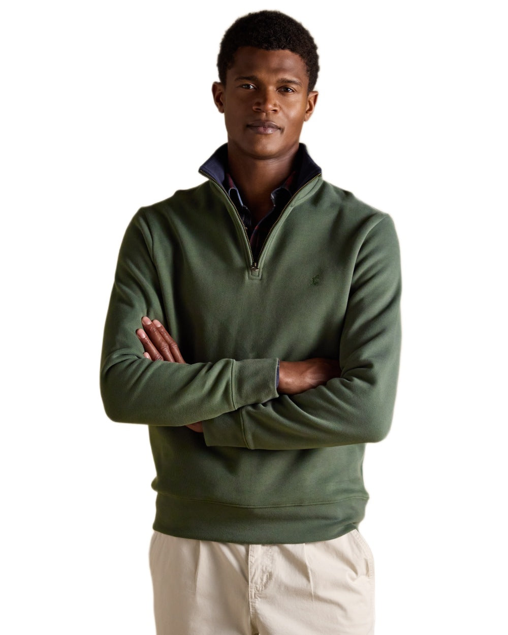 Khaki Green coloured Joules Alistair Quarter Zip Cotton Sweatshirt on white background
