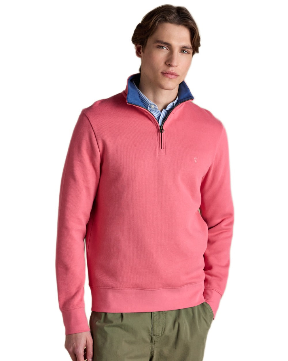 Pink coloured Joules Alistair Quarter Zip Cotton Sweatshirt on white background