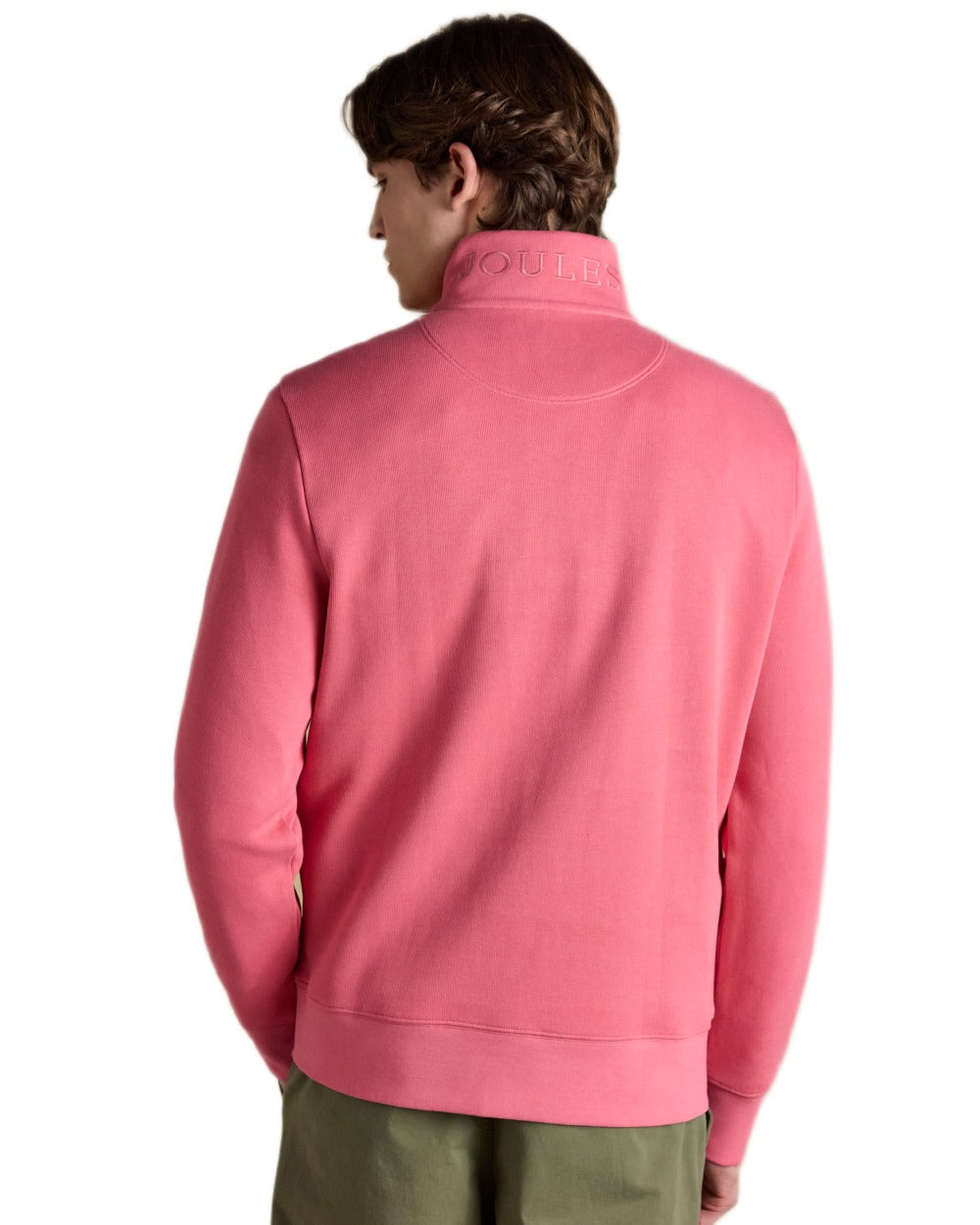 Pink coloured Joules Alistair Quarter Zip Cotton Sweatshirt on white background