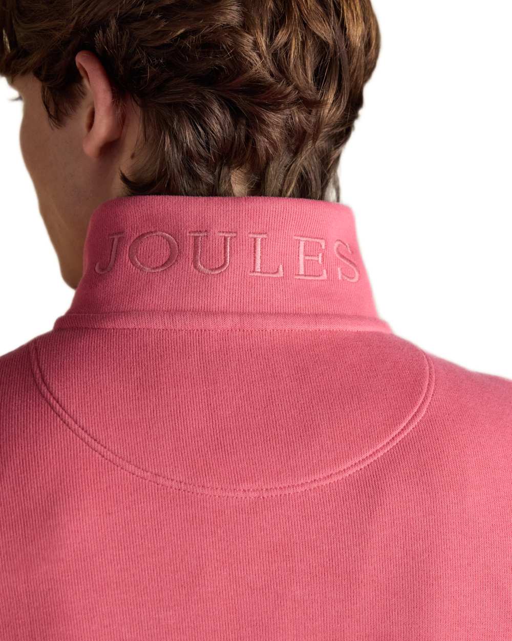 Pink coloured Joules Alistair Quarter Zip Cotton Sweatshirt on white background